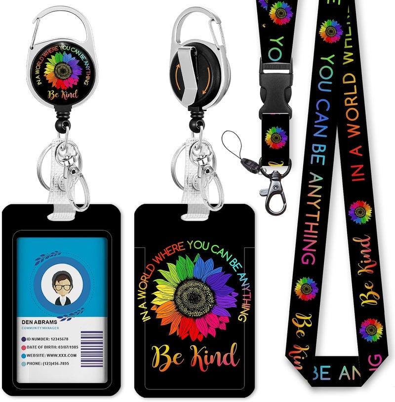GIANCOMICS Be Kind Lanyards for Id Badges, ID Badge Holder with Lanyard Badge Reel Retractable, Flower Teacher Lanyard with ID Holder Keychain Clip Name Tag ID Card Holder for Women Work Office Gift - Image 1